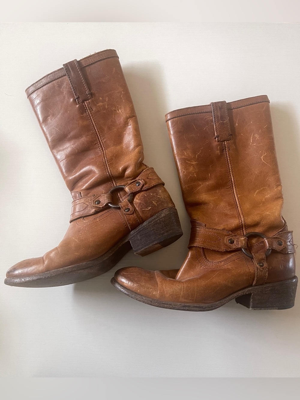 Frye Carson Cognac Leather Harness Mid-Calf Lace-Up Boots